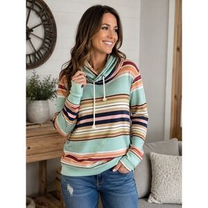 Ampersand Avenue Striped Cowl Neck Hoodie Sage Pink Orange Large